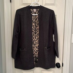 NWT‎ Chico’s Women’s Gray Woven Back Animal Print Cardigan Sweater Sz Large New